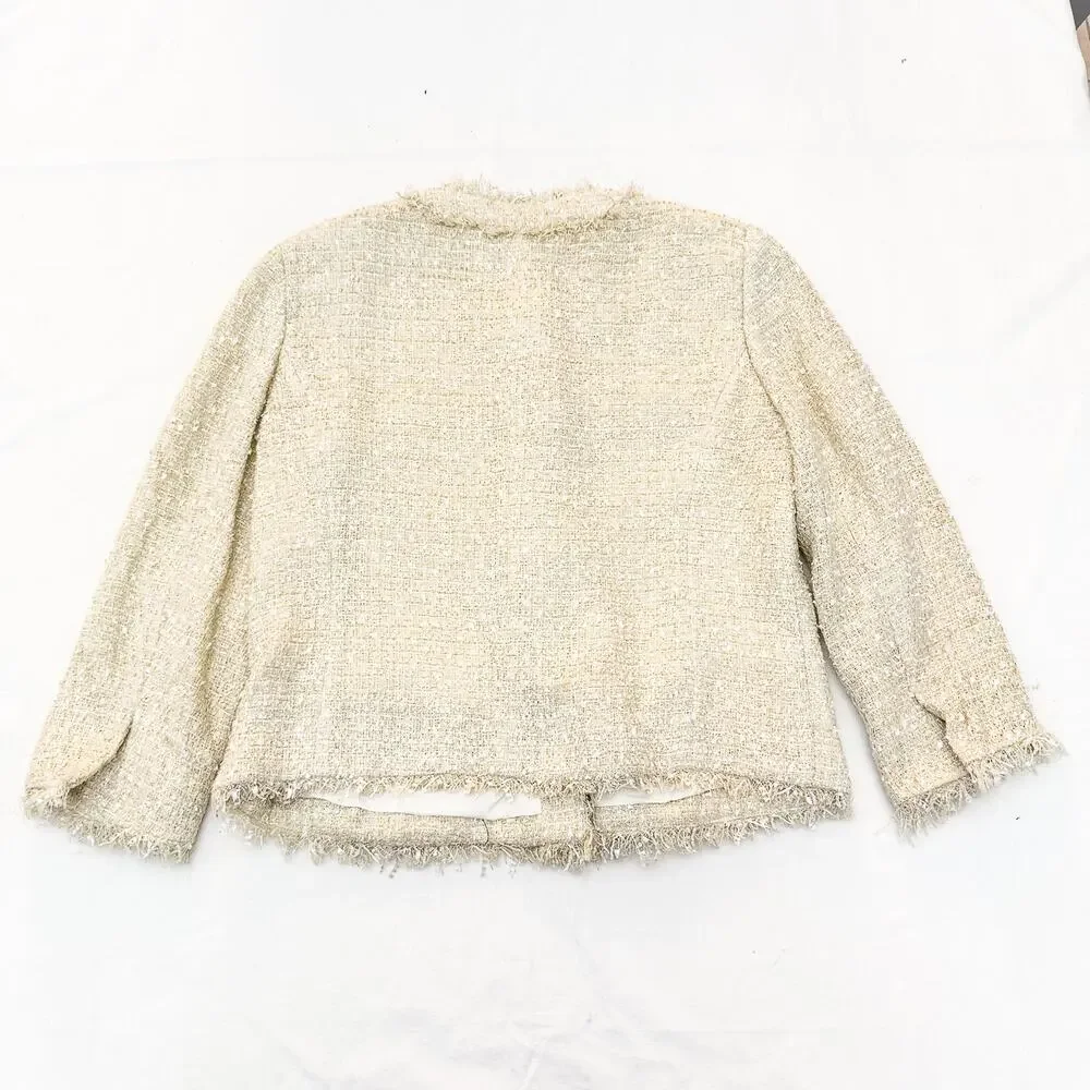 Michael Kors Woven Style Tweed Fringe Blazer Cream Gold Size Medium